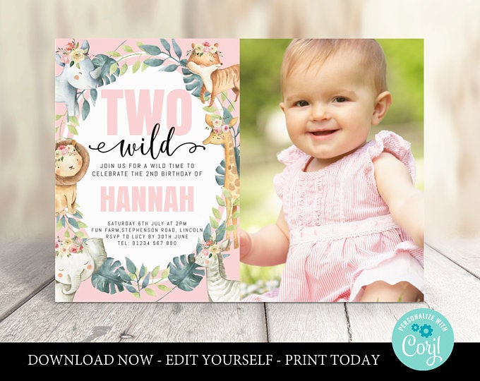 Two Wild Invitation printable, two wild birthday invitation girl, safari animals, floral two wild 2nd birthday invitation, editable invite