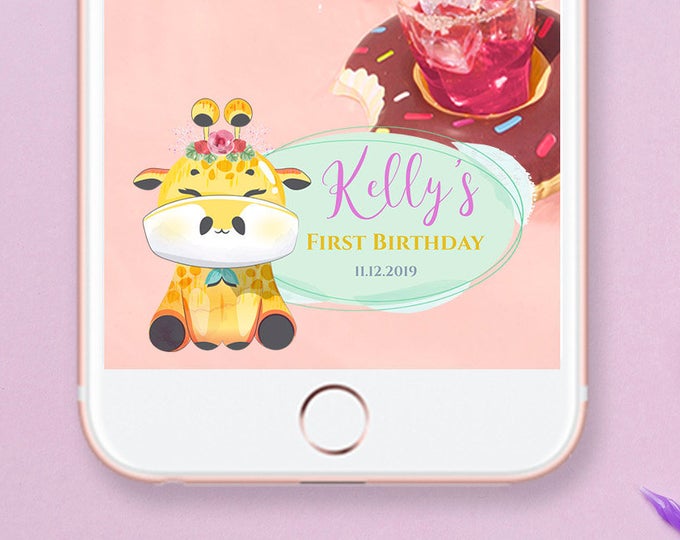 Baby Giraffe Snapchat Geofilter. Snap Chat Editable Birthday Geofilter. First Birthday Custom Snap Chat Filter. Edit text and download now!