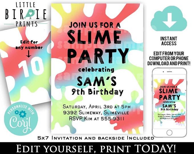 SLIME PARTY Invitation Slime birthday party invitation Boy Slime party invitation Printable instant access corjl birthday party Red blue
