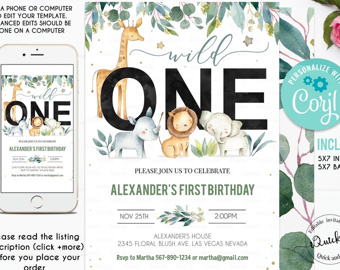 EDITABLE Safari Birthday Invitation, Wild one Boy Invites, First Birthday Jungle animals invitations, 1st birthday Digital instant download