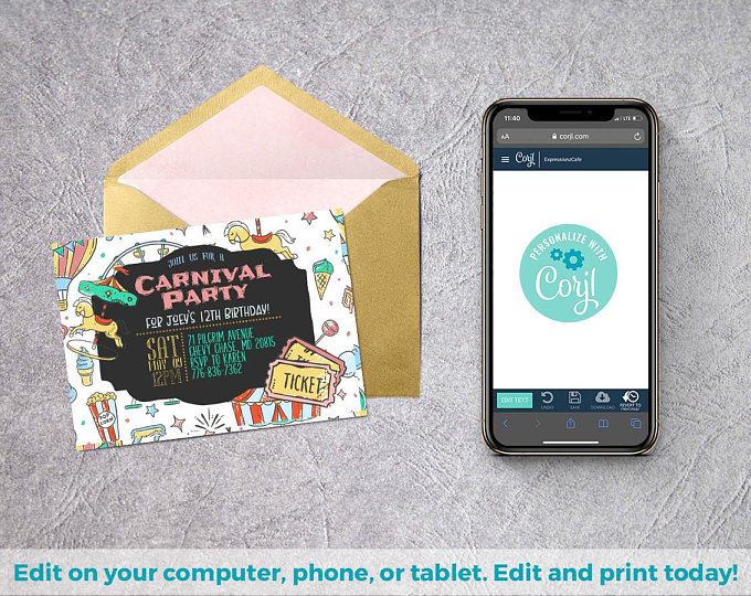 Carnival Editable Invitation | Circus Birthday, Carnival Birthday Theme, Circus Invitation, Mobile Invitation, Corjl Invitation