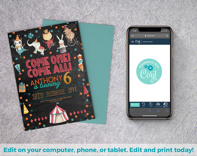 Circus Editable Invitation | Carnival Birthday Invitation, Carnival Theme, 3rd 4th 5th invite, 1st 2nd 3rd invite