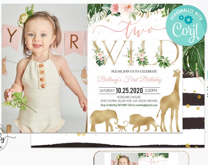 Safari Gold Birthday invitation, EDITABLE Jungle Two wild Invitations, Girl 2nd Birthday Photo Invites download Printable template digital