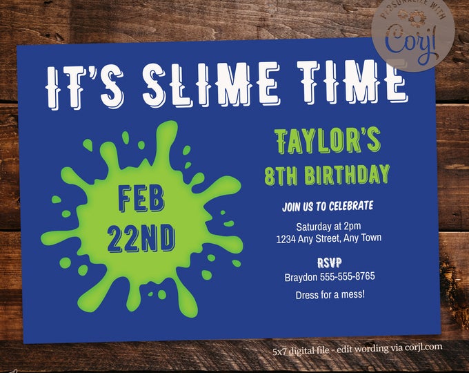 Editable Slime Birthday Invitation, 5×7 invite, Blue background, Edit wording yourself via Corjl, Printable digital file