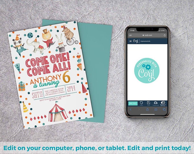 Circus Editable Invitation | Carnival Birthday Invitation, Carnival Theme, 3rd 4th 5th invite, 1st 2nd 3rd invite
