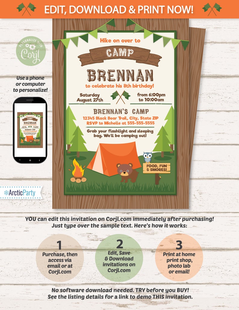 Camping Party Invitations – Camping Invitations – Camping Birthday Invitations – Campfire Invitations – Camp Party Invitation – Corjl