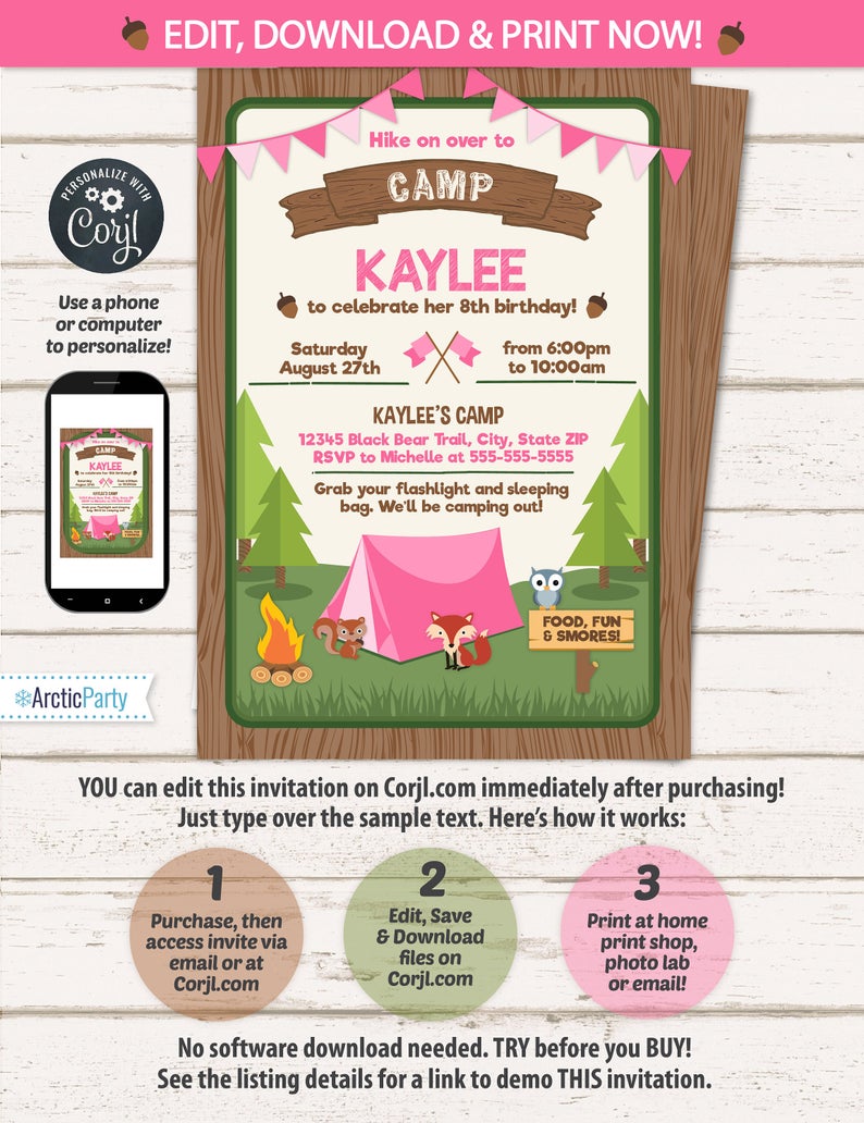 Camping Party Invitations for Girls – Camping Birthday Invitations – Camping Party Supplies – Girl’s Camping – INSTANT ACCESS! Edit NOW!