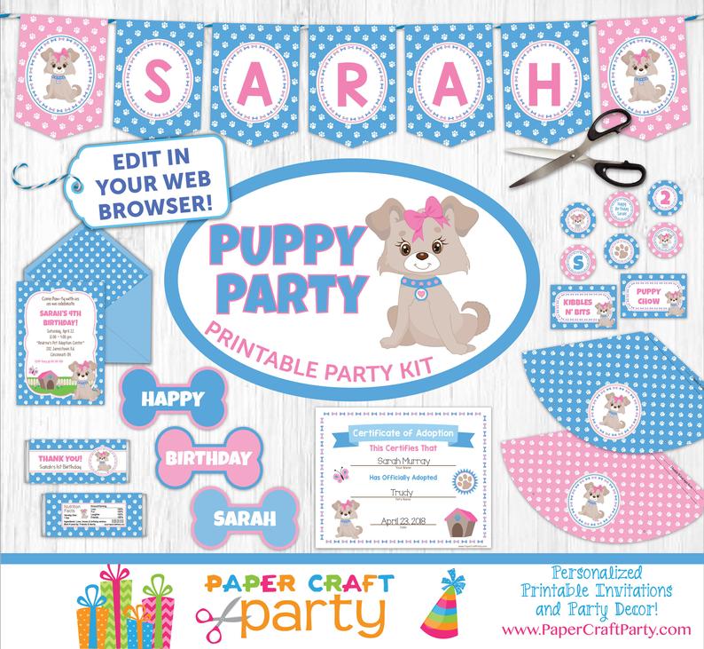 Puppy Party Printable Kit, Invite Included, Pink Puppy Pawty, Puppy Adoption Party, Edit Online + Download Today With Free Corjl.com