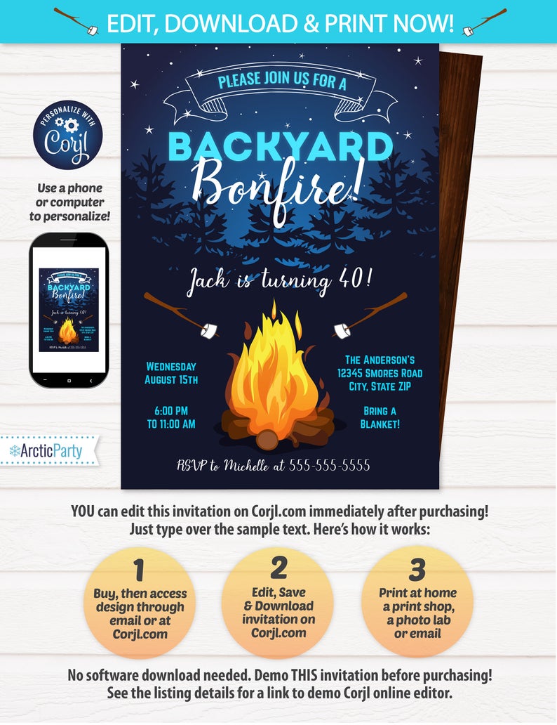 Bonfire Invitation – Camping Birthday Invitations – Backyard Party Invitation – Backyard BBQ Invitation – Bonfire Birthday – INSTANT ACCESS!