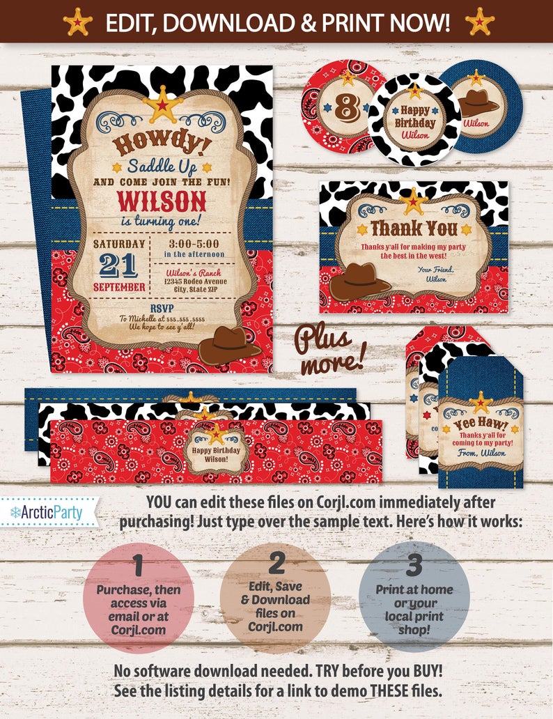 Western Invitations – Western Party – Western Birthday – Western Theme – Western Labels – Western Thank You Cards – Instant Access – Cowboy