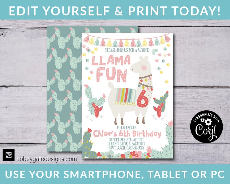 Llama Invitation Editable, Llama Invitation Template, Llama Party Invite, Llama Invitation, Llama Birthday, Corjl, INSTANT DOWNLOAD, Llama
