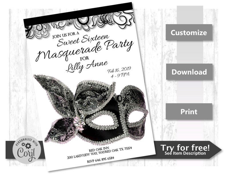 Birthday Party Invite – Masquerade Halloween Party Invite printable Template Black 5×7 Invitation – Custom Instant Download Corjl Template