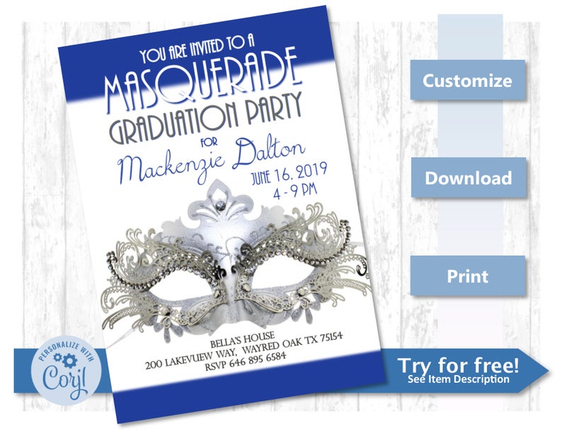 Customizable Graduation \ Birthday Party Invite – Halloween Party Masquerade Blue 5×7 – Custom Instant Download Corjl Printable Template