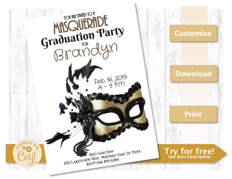 Graduation \ Birthday Party Invite Masquerade Halloween Party Black 5×7 Invitation Instant Download Corjl Printable Template invitations