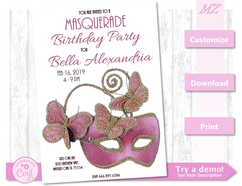 Masquerade Mask Halloween Quinceanera sweet 16 Birthday Party invite Celebration Invites Pink 5×7 Custom Invitation Printable Corjl Template