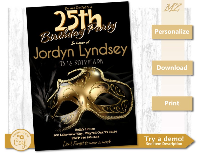 Mask Birthday Party Invite – Masquerade Gold 5×7 Invitation – Custom Instant Download Corjl Template PDF JPG PNG