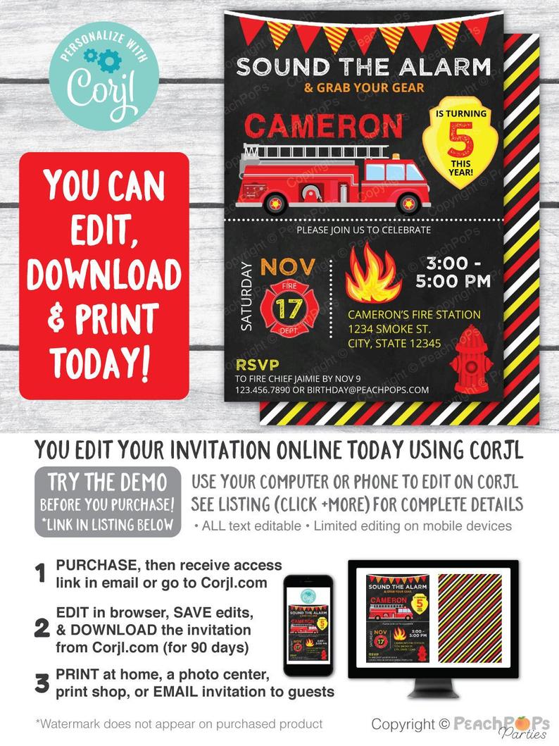 Firetruck Birthday Invitation ANY Age Fire truck Firefighter Fireman Party Chalkboard Style – DIGITAL Printable Invite 5” x 7” Self EDITABLE