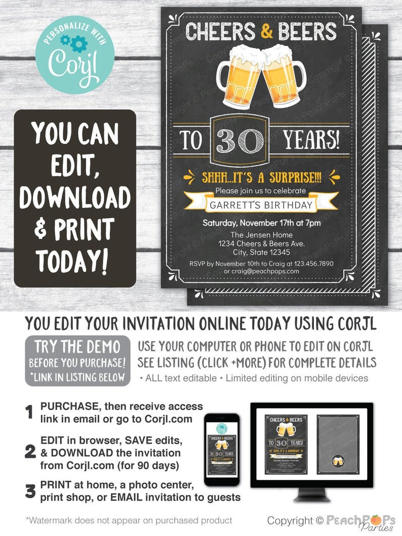 Surprise 30th Birthday Invitation ANY Age Cheers & Beers Chalkboard Birthday Party Men Women – DIGITAL Printable Invite 5” x 7”- Edit NOW!