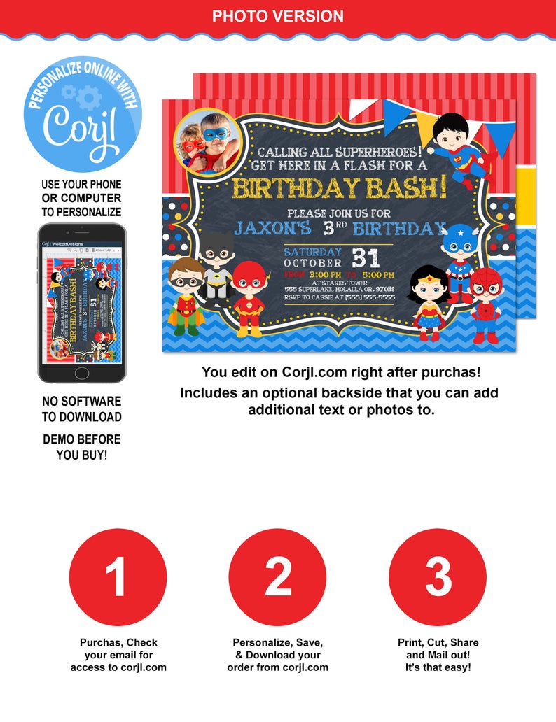 Superhero Invitation Photo Superhero Birthday Superhero Birthday Invitation Superhero Party Superhero Printable Invitations Super hero corjl