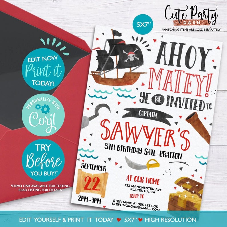 INSTANT DOWNLOAD – EDITABLE Pirate Birthday invitation Ahoy Matey invitation pirate editable Invitation edit yourself invitations corjl