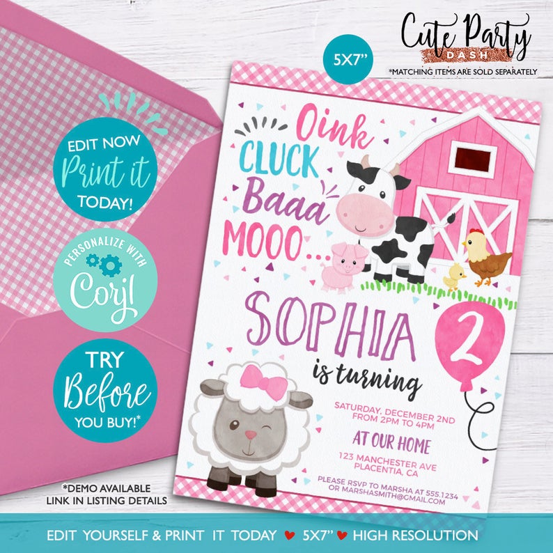INSTANT DOWNLOAD – EDITABLE Girls Barnyard Birthday invitation girl girly Farm Animal pink Barnyard decor Girl barnyard birthday invitations