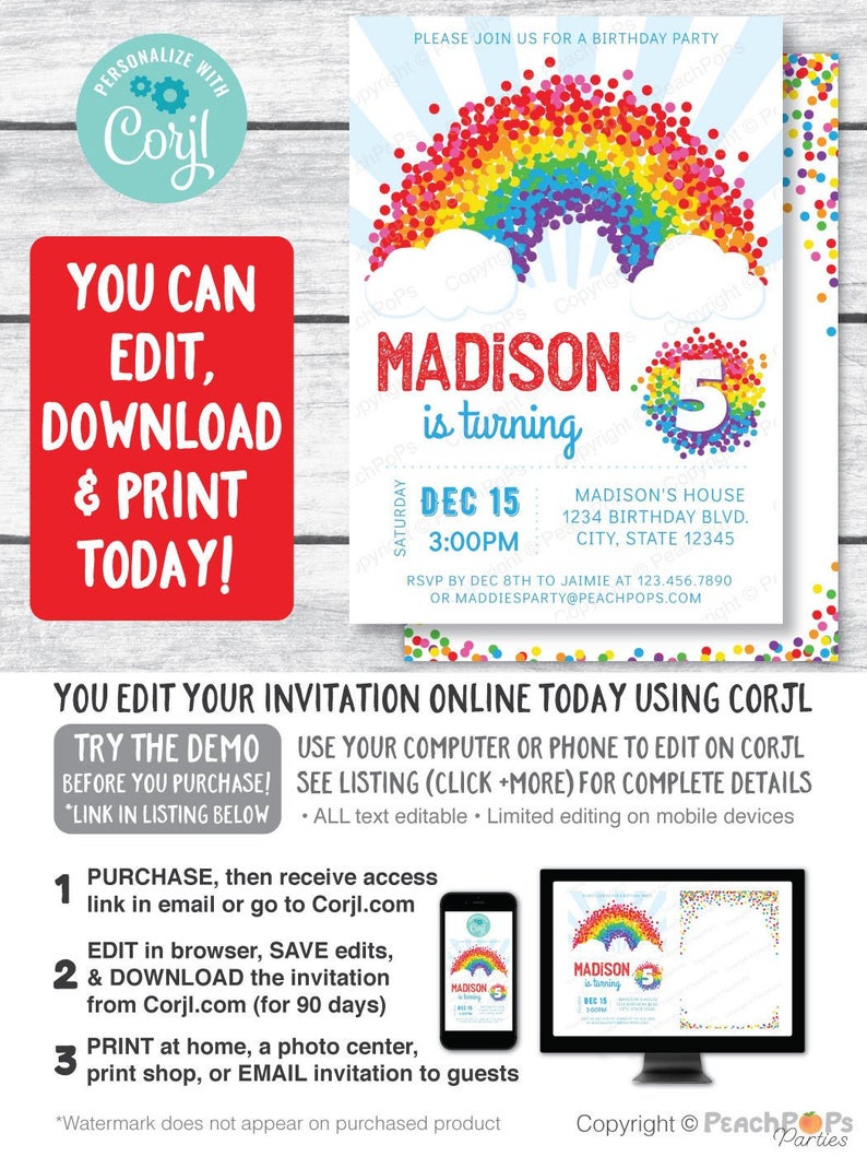 Rainbow Birthday Invitation 5th – ANY Age – Rainbow Confetti Party Girl or Boy – DIGITAL Printable Invite 5” x 7” – Edit Now – Self EDITABLE