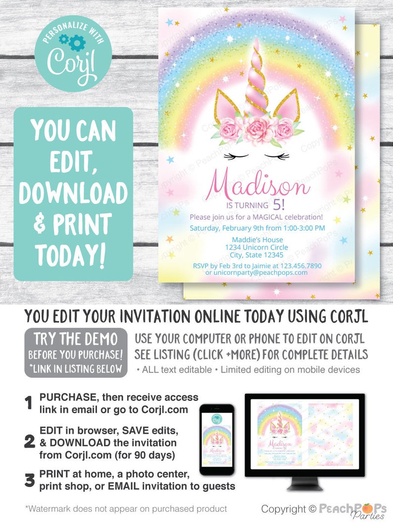 UNICORN Birthday Invitation, Magical Rainbow Glitter Invite, Party DIGITAL Printable Invite 5” x 7” – Self Editable Corjl – Edit Now!