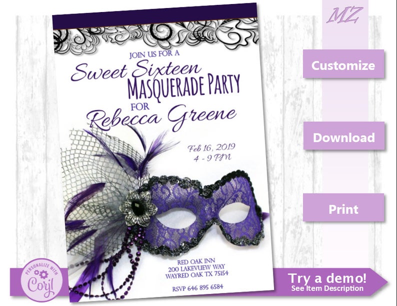 Masquerade Invite, Masquerade Invitation Purple quinceanera Template, Masquerade Invitations Halloween Mask Corjl Printable Invites Sweet 16