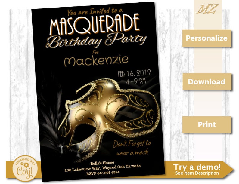 EDITABLE Masquerade Invite, Masquerade Invitation template, Gold Masquerade Birthday Invitations, Halloween Mask Corjl Printable Invites