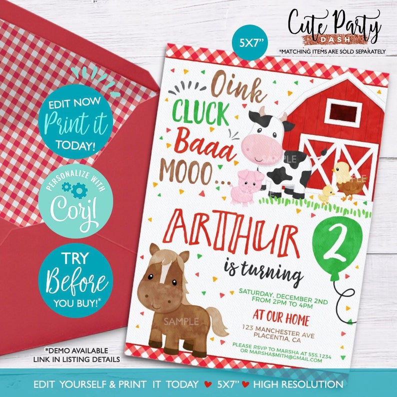 INSTANT DOWNLOAD – EDITABLE Red Barnyard Birthday invitations Farm Animal red Barnyard decor barnyard birthday corjl invitations