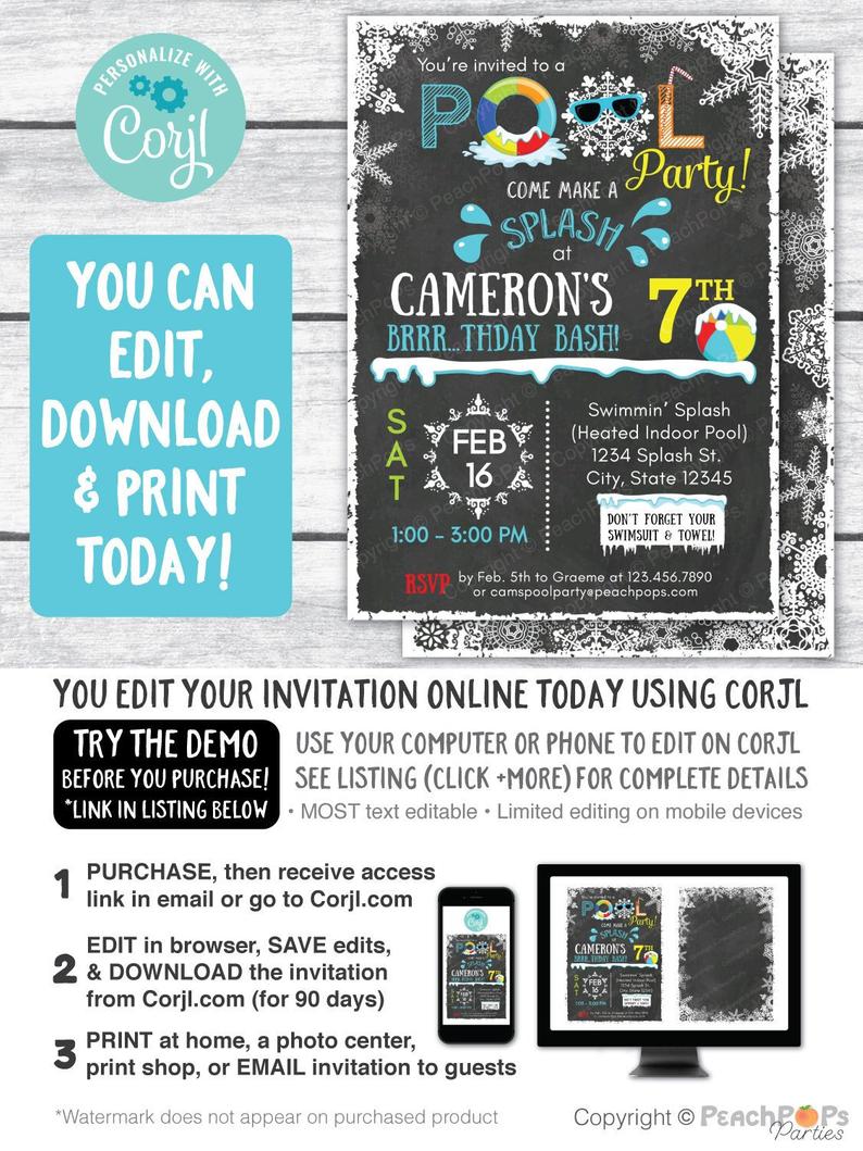 Winter Pool Birthday Party Chalkboard Invitation Blue Snow Pool ANY Age DIGITAL Printable Invite 5” x 7”- Self Editable – Edit Yourself NOW!