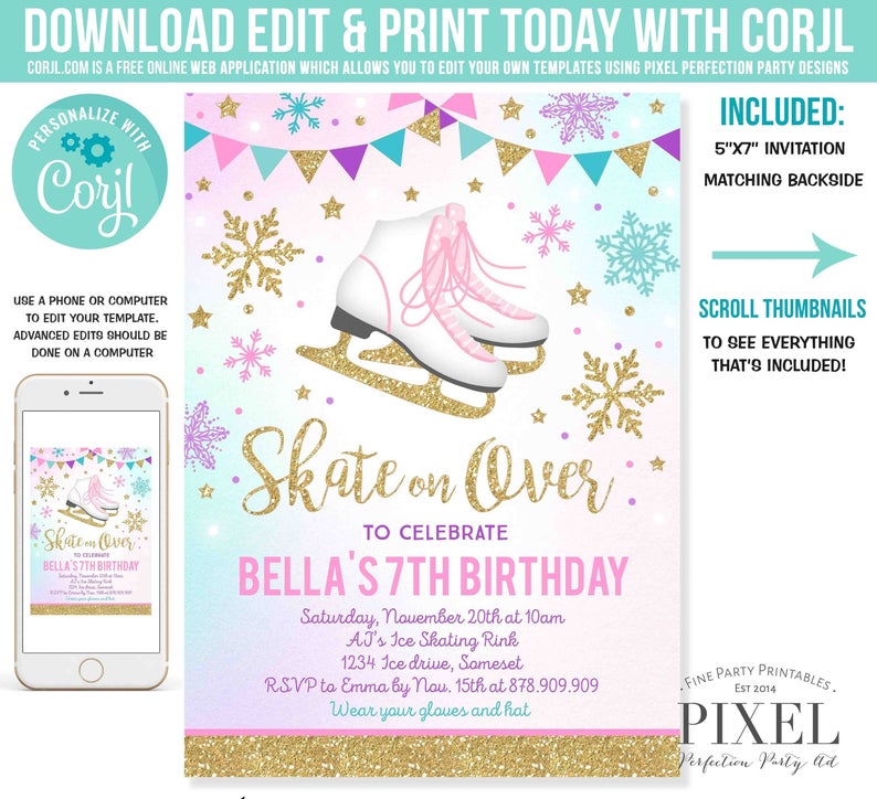 Ice skating Invitation Ice Skating Birthday Invite Pink Silver Ice Skating Party Skate Party Skating Party Instant Editable File Corjl G9