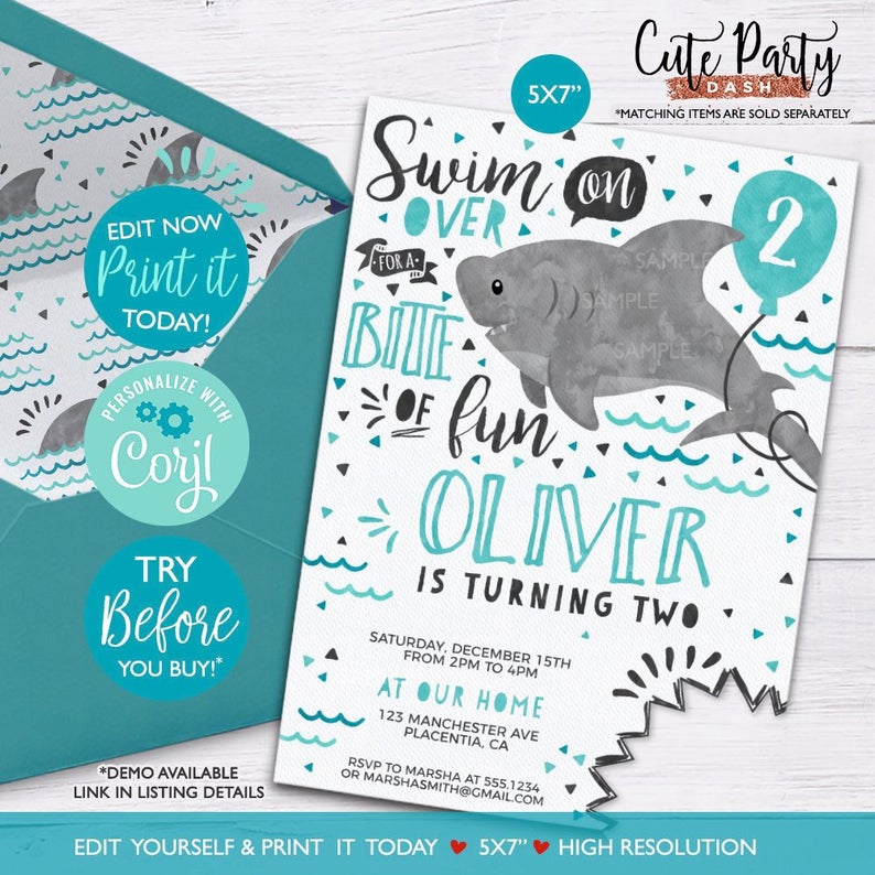 INSTANT DOWNLOAD – EDITABLE Shark Birthday Invitation Shark Attack invitation Under the sea Birthday Party Pool party corjl invitation