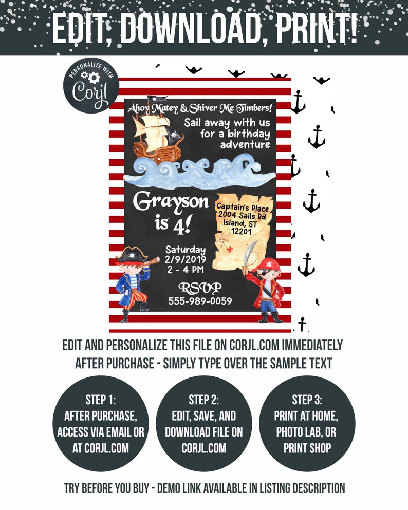 Pirate Theme Party – Pirate Invitations – Corjl – Instant Access