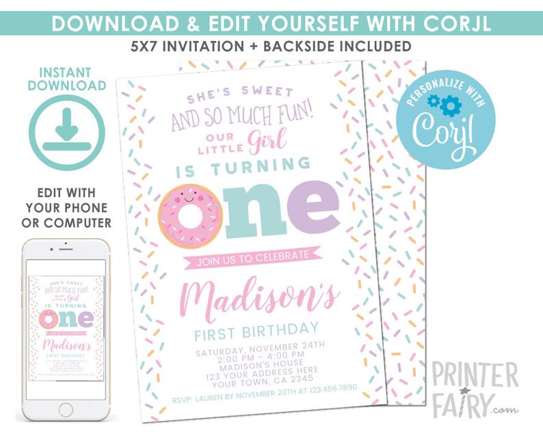EDITABLE Donut First Birthday Invitation, Sprinkles 1st Birthday Party, Donut Party, First Birthday EDIT YOURSELF Digital Invite