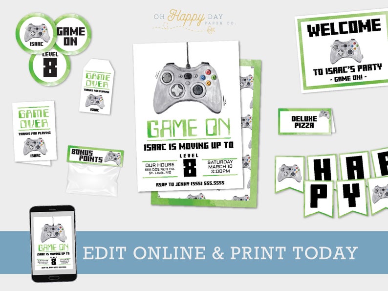 Editable Game On Video Game Birthday Party Bundle • Edit Yourself Online • Gamer Birthday Kids Party Printable Bundle Template