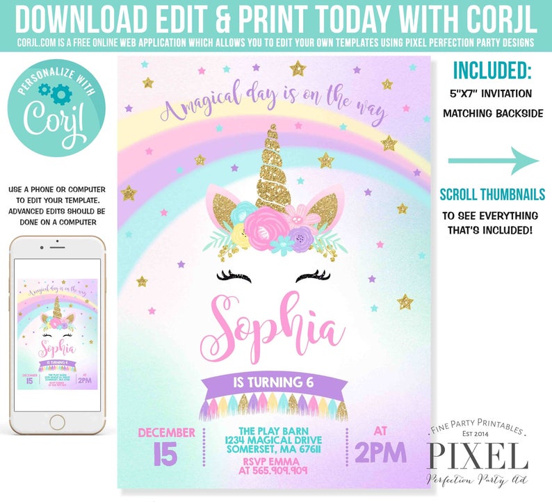 Unicorn Invitation Unicorn Birthday Invitation Rainbow Unicorn Party Magical Unicorn Party Instant Download Editable File Corjl I8