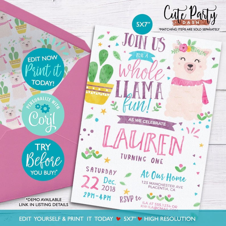 INSTANT DOWNLOAD, SALE, Llama birthday invitation A Whole Llama Fun llama Party alpaca corjl invitation llama birthday invite download