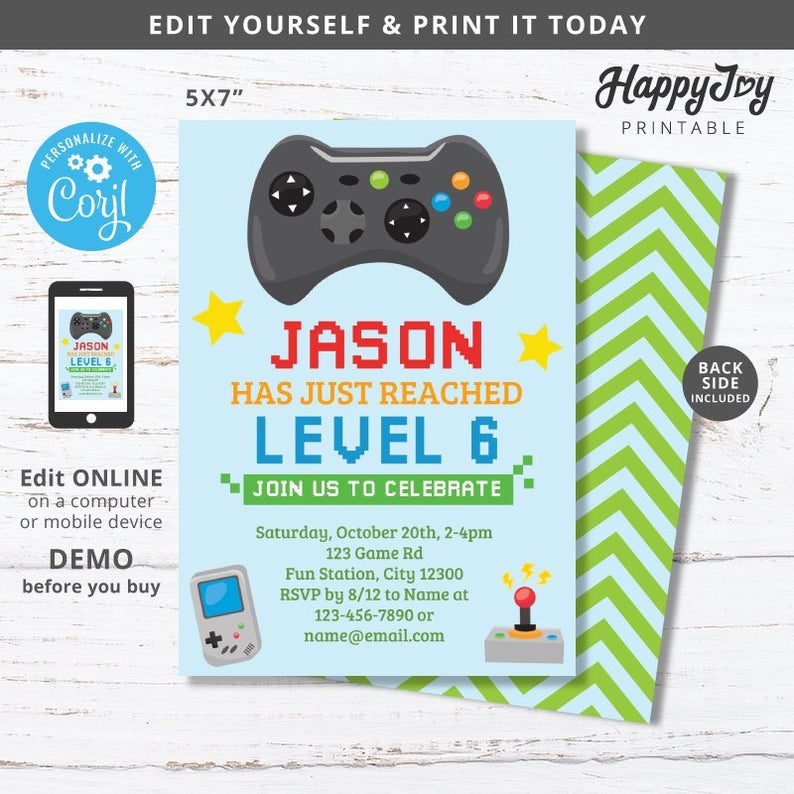 Video Game Party Invitation, Game On Boys Gaming Birthday Invite, Editable Template INSTANT Access, Self Edit with Corjl