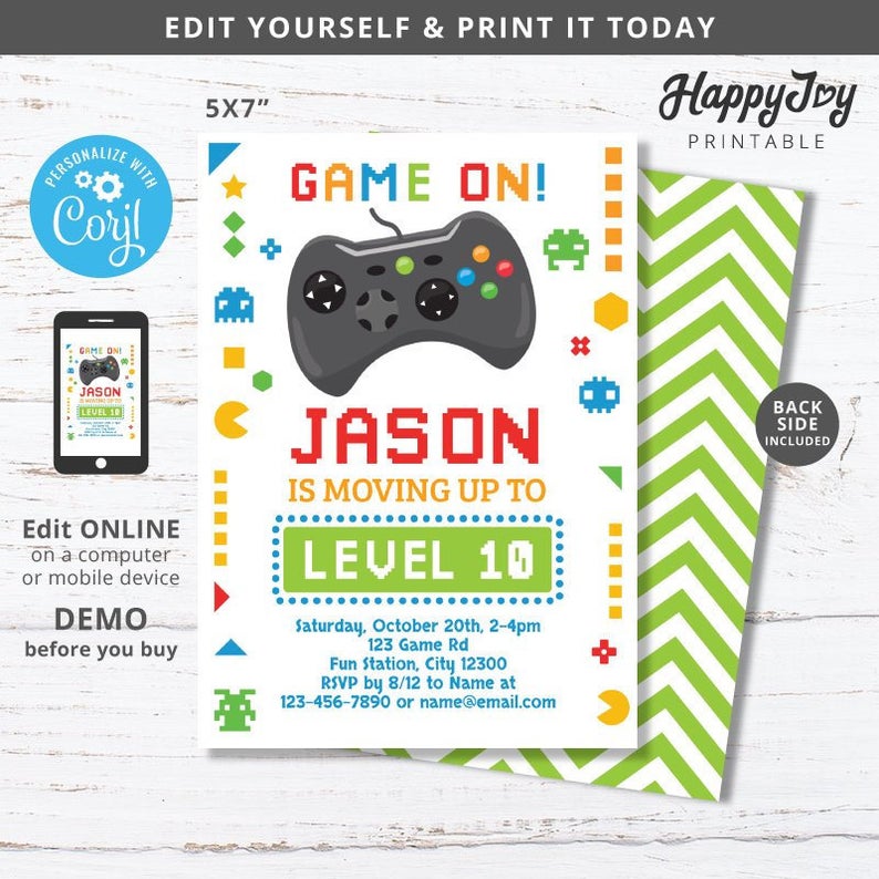 Pixel Video Game Party Invitation, Game On Play Time Boys Gaming Birthday Invite, Editable Template INSTANT Access, Self Edit with Corjl