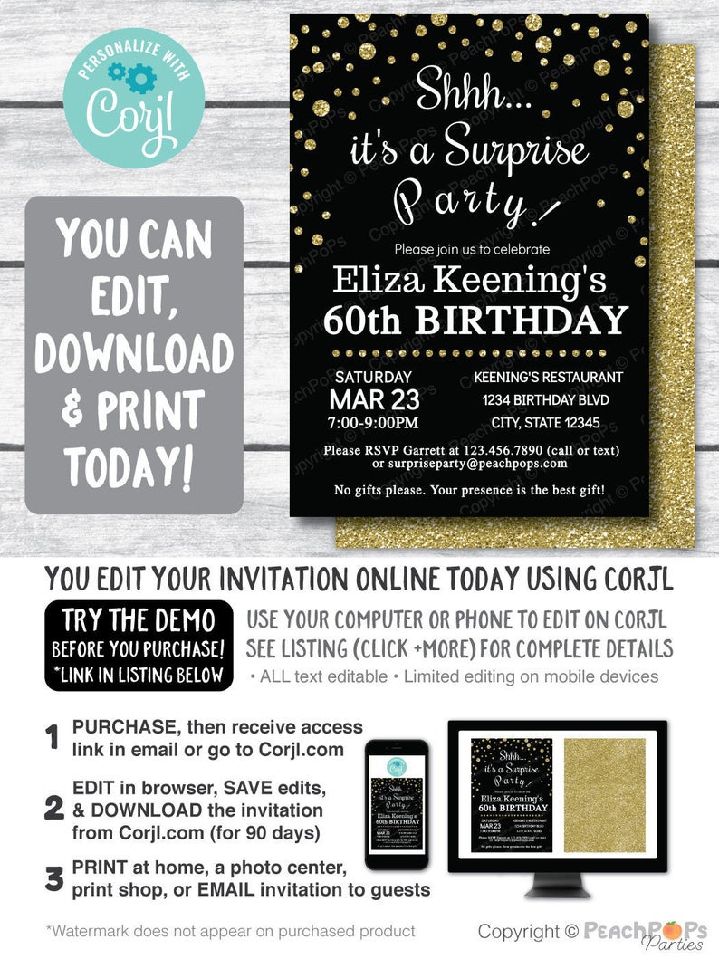Surprise 60th Birthday Invitation Black and Gold Glitter – ANY Age – DIGITAL Printable Invite 5” x 7” – Self Editable – Edit Yourself NOW!