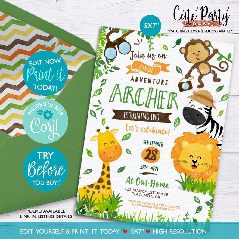 INSTANT DOWNLOAD, EDITABLE Safari Birthday invitation, Jungle animals printable, Safari Corjl invitation, Safari Birthday Party invite