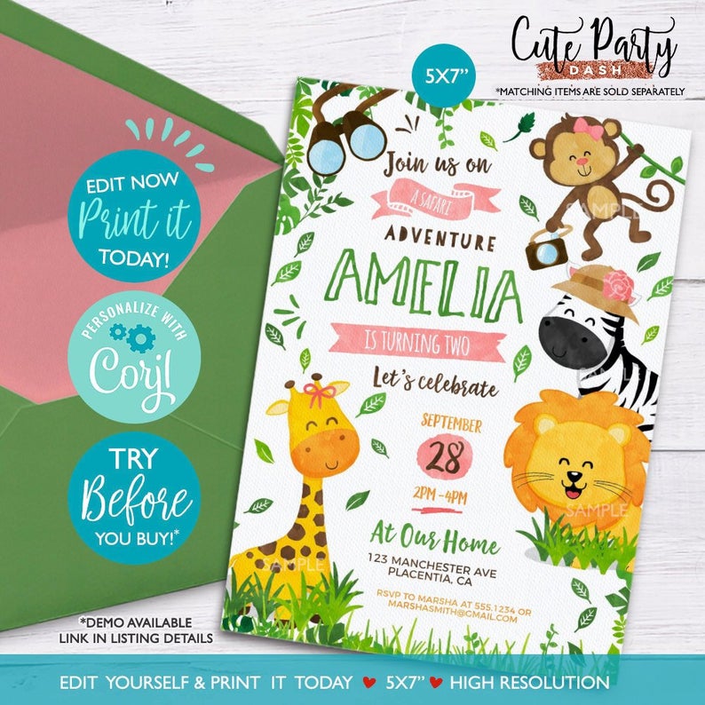 INSTANT DOWNLOAD – EDITABLE Safari Birthday invitation Girl Jungle animals printable Safari corjl invitation Safari Birthday Party invite