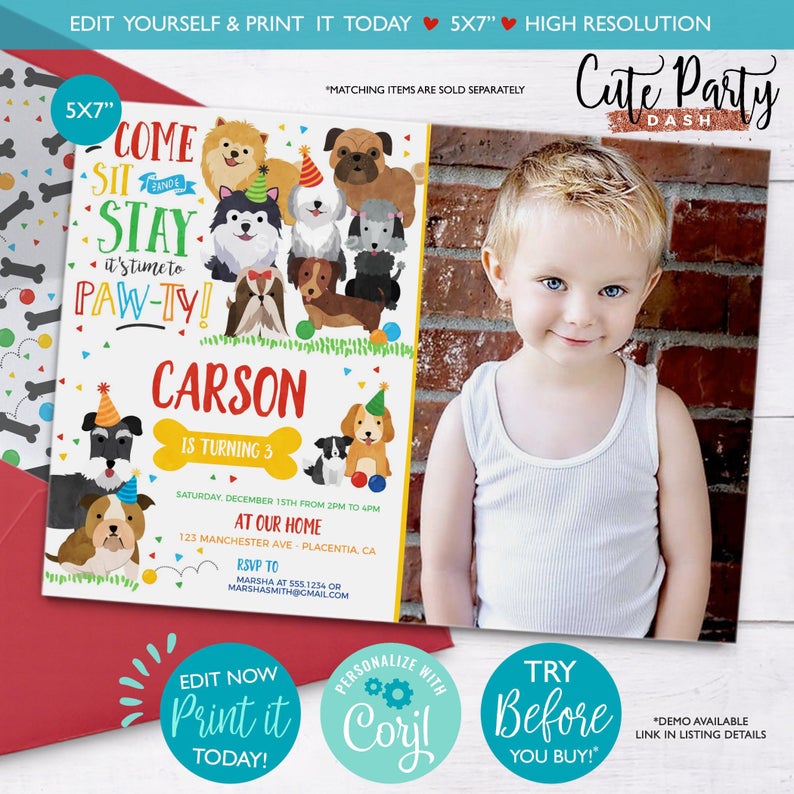 INSTANT DOWNLOAD, EDITABLE Puppy Birthday Photo Invitation, Pet adoption party, Puppy dog Birthday party, Pets corjl Invitation template