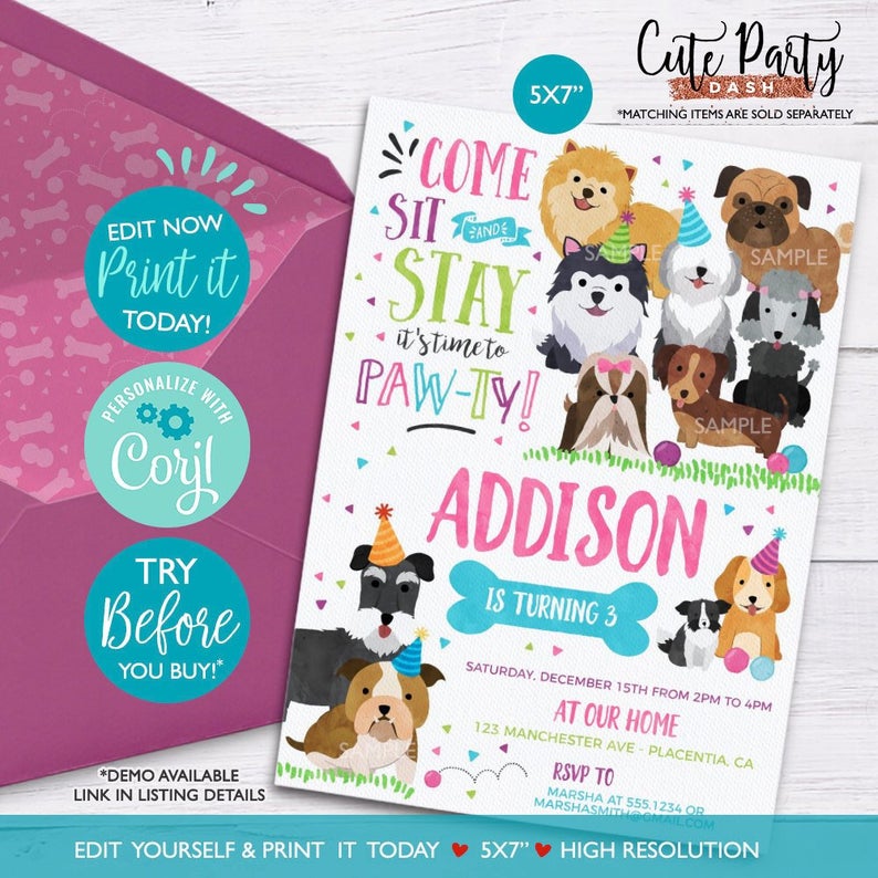 INSTANT DOWNLOAD – EDITABLE Puppy Birthday Invitation Pet adoption party Pink Purple Doggy, Girl Puppy Dog Adoption Digital corjl