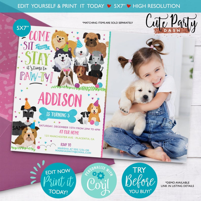 INSTANT DOWNLOAD – EDITABLE Puppy Birthday Photo Invitation Pet adoption Pink Purple Doggy Girl Puppy Dog Adoption Digital corjl Invitation