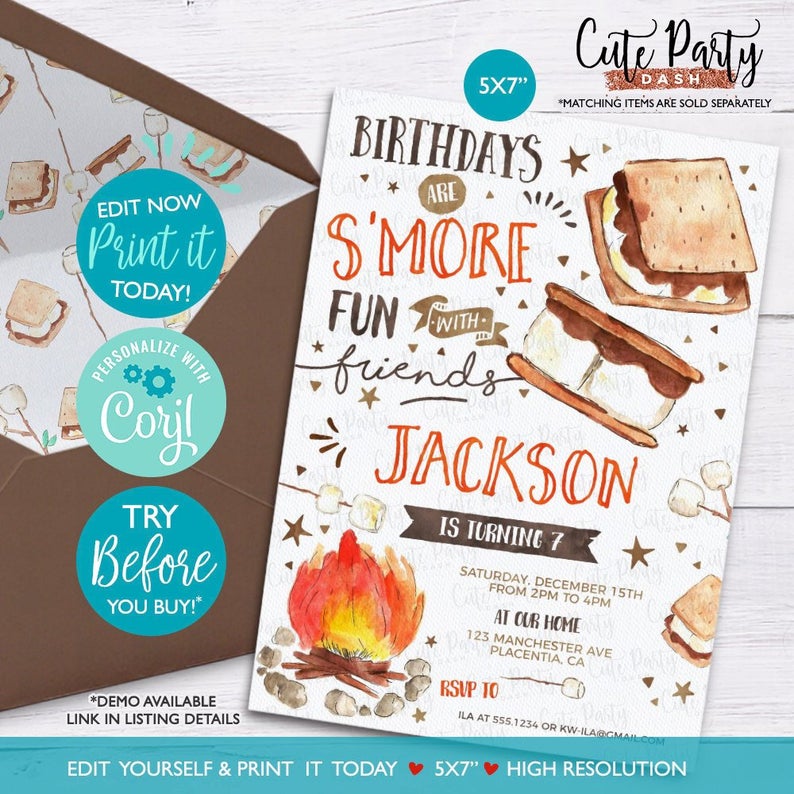 INSTANT DOWNLOAD, EDITABLE S’more Birthday invitation, Smore Invitation Camping birthday decorations S’mores Bonfire corjl invitation, 456