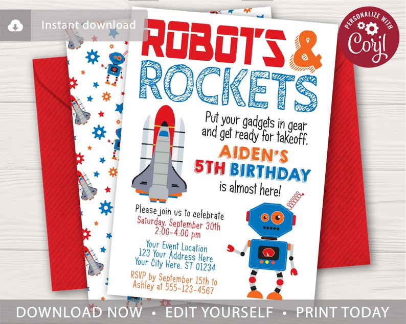 Robots and Rockets Birthday Invitation | Editable Template Online | Instant Download
