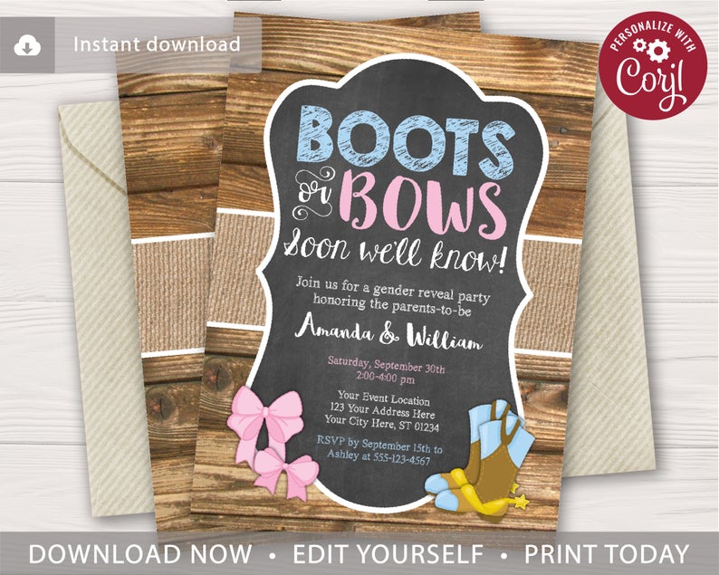 Boots or Bows Gender Reveal Invitation | Editable Template Online | Instant Download