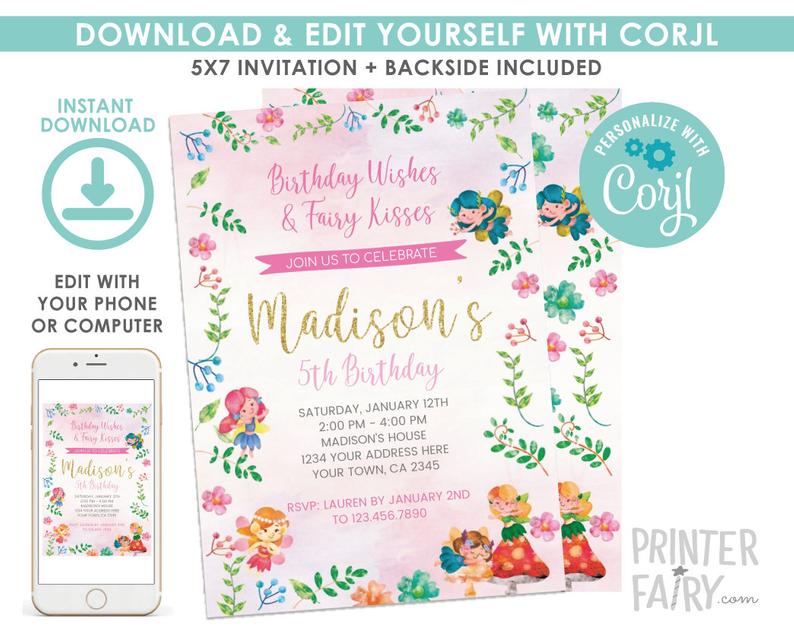 EDITABLE Fairy Birthday Invitation, Floral, Fairy Birthday Party, Fairies Invitation, EDIT YOURSELF Digital Invite